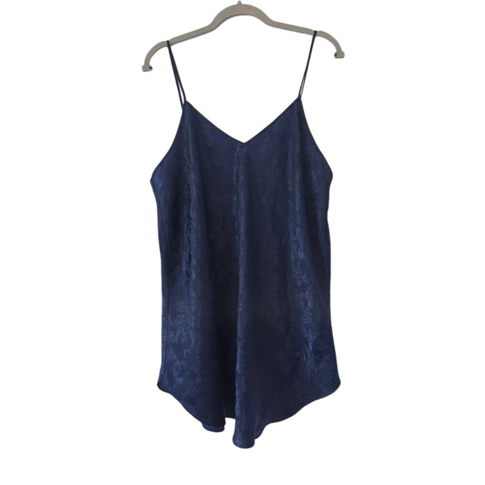 Morgan Taylor Lingerie Navy Blue Jacquard Slip Cami Size L Adjustable Straps Y2K